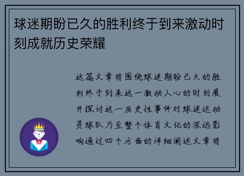 球迷期盼已久的胜利终于到来激动时刻成就历史荣耀