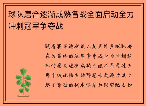 球队磨合逐渐成熟备战全面启动全力冲刺冠军争夺战